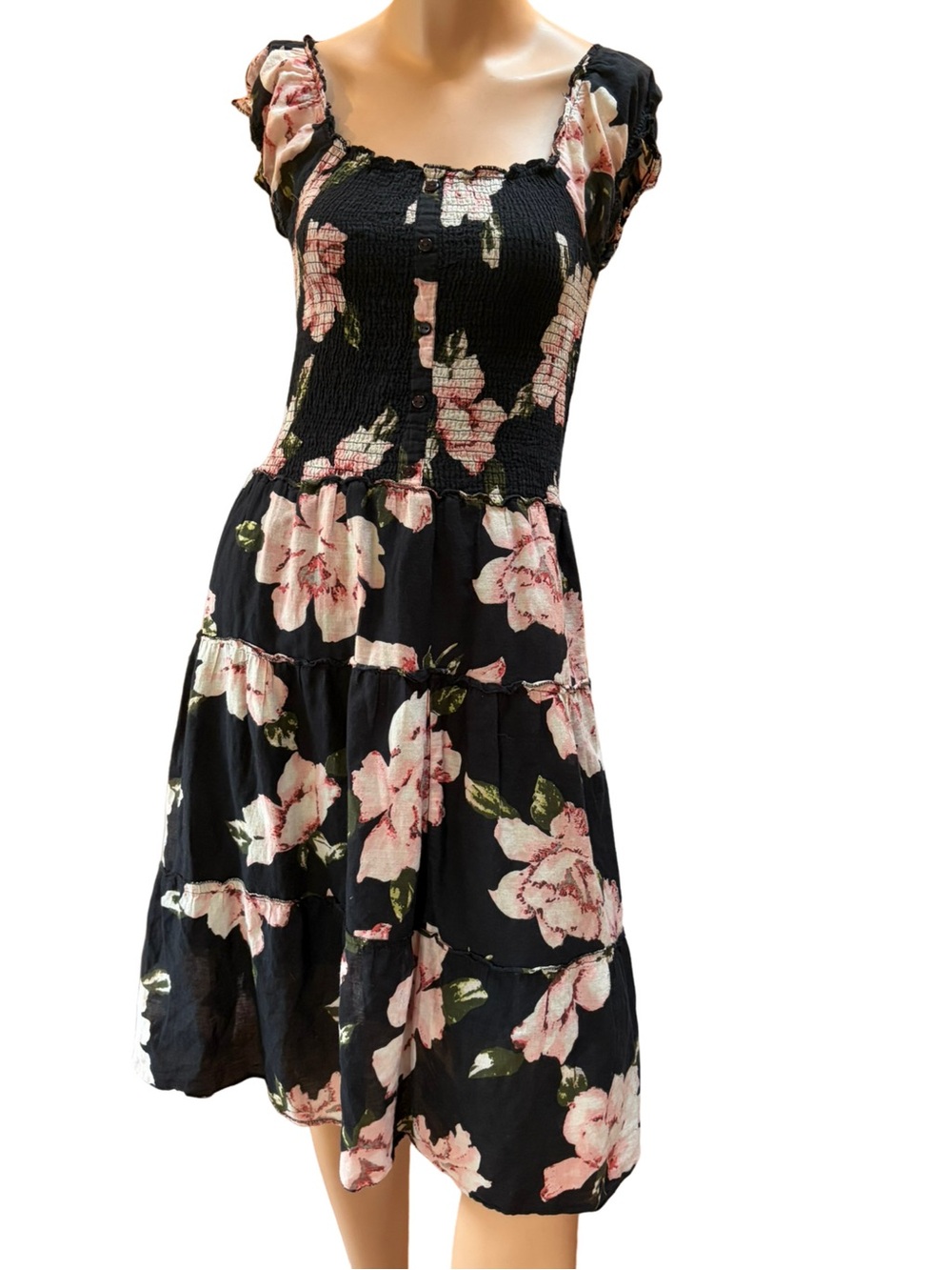 IMPRESS Floral Smocked Tiered Dress M Black Pink Puff Sleeve Cottagecore EUC